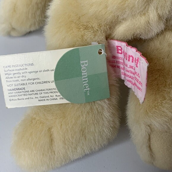 Russ Berrie Bonnet Bunny Rabbit Plush Tan Hat Flowers Pink Bow Easter Stuffed - Picture 3 of 3